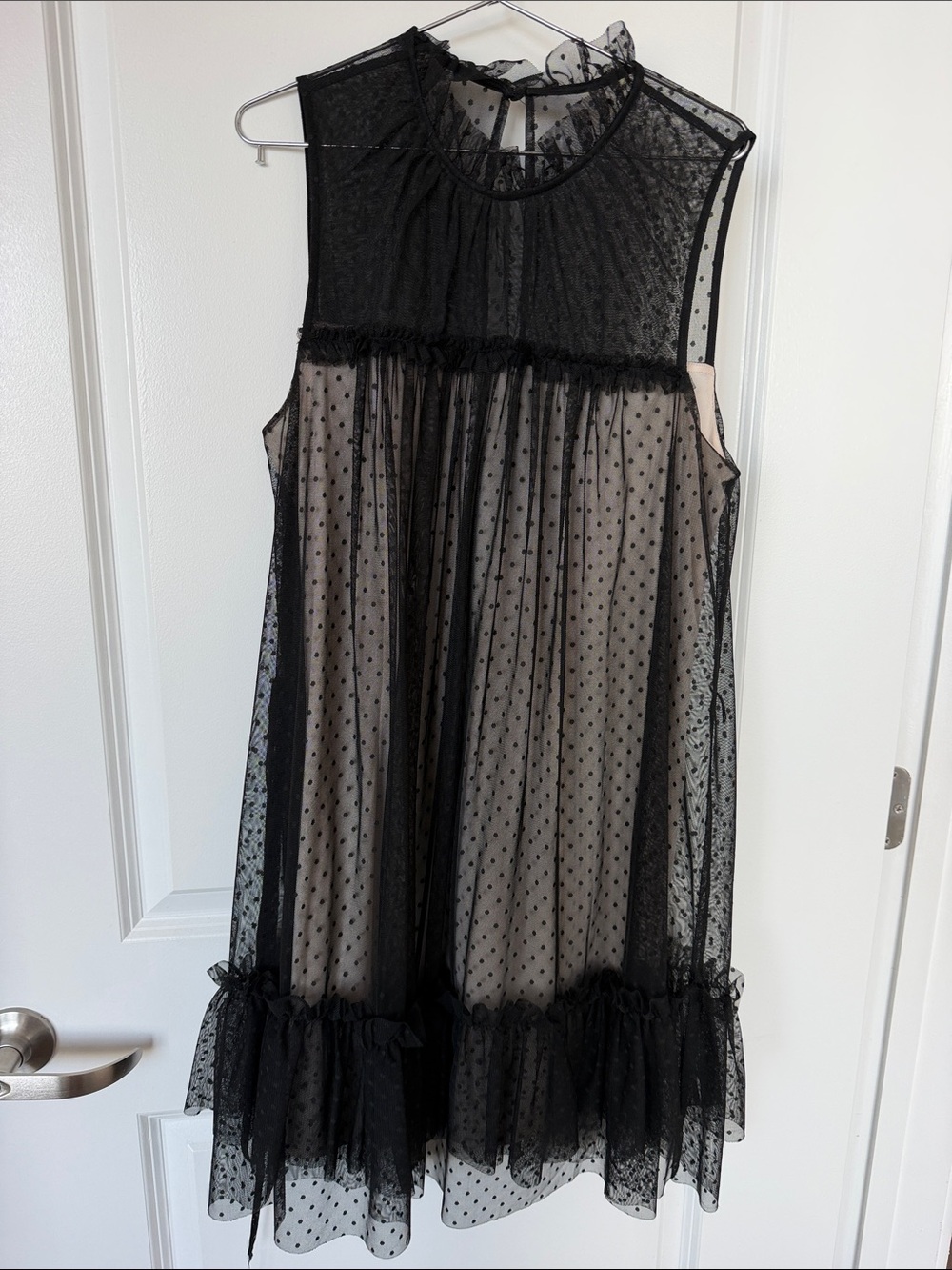 Avec Les Filles Black Sheer Polka Dot Ruffle Hem Dress